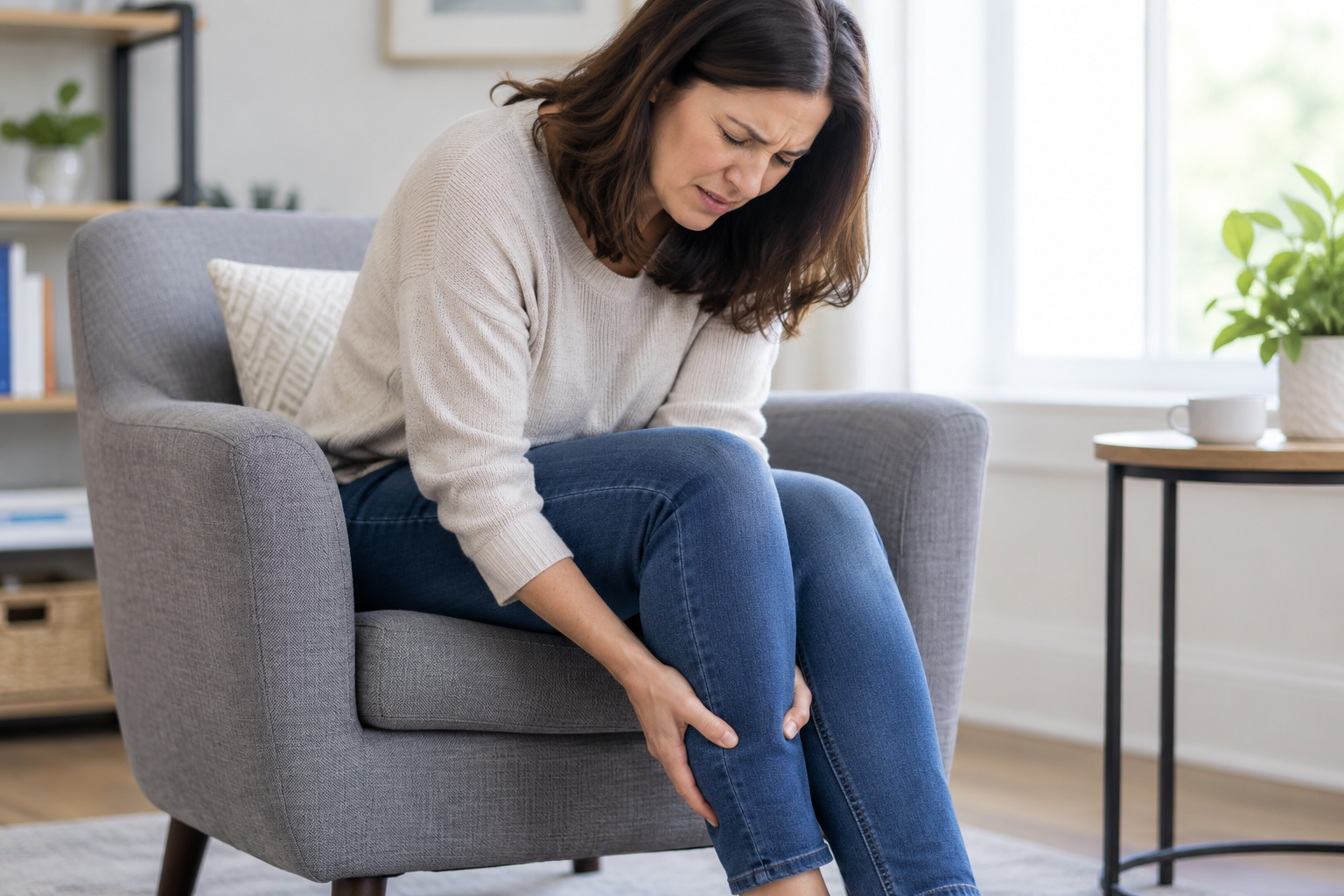 woman bending over in a chair holding her legs in pain